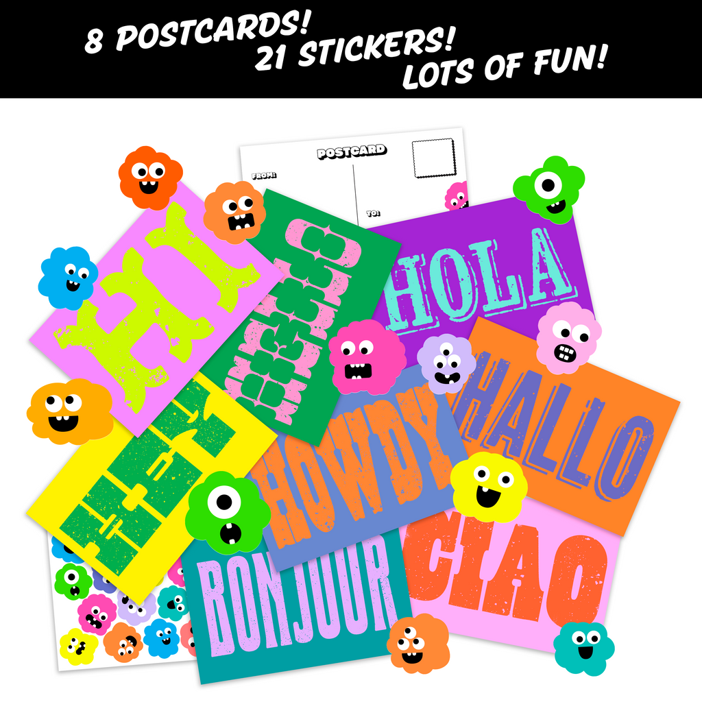 8 Say Hi Postcards & Monster Stickers