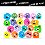 8 Say Hi Postcards & Monster Stickers