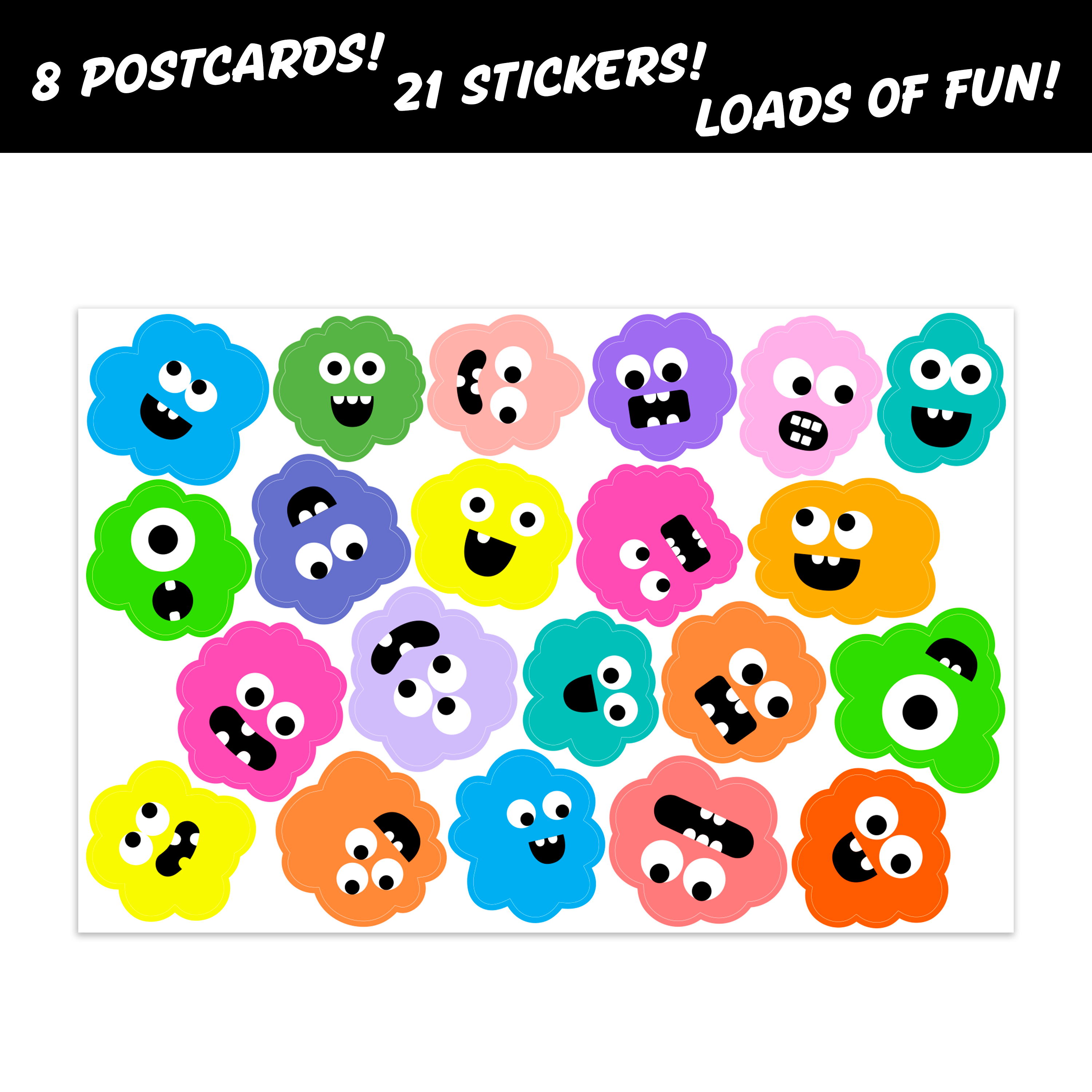 8 Say Hi Postcards & Monster Stickers